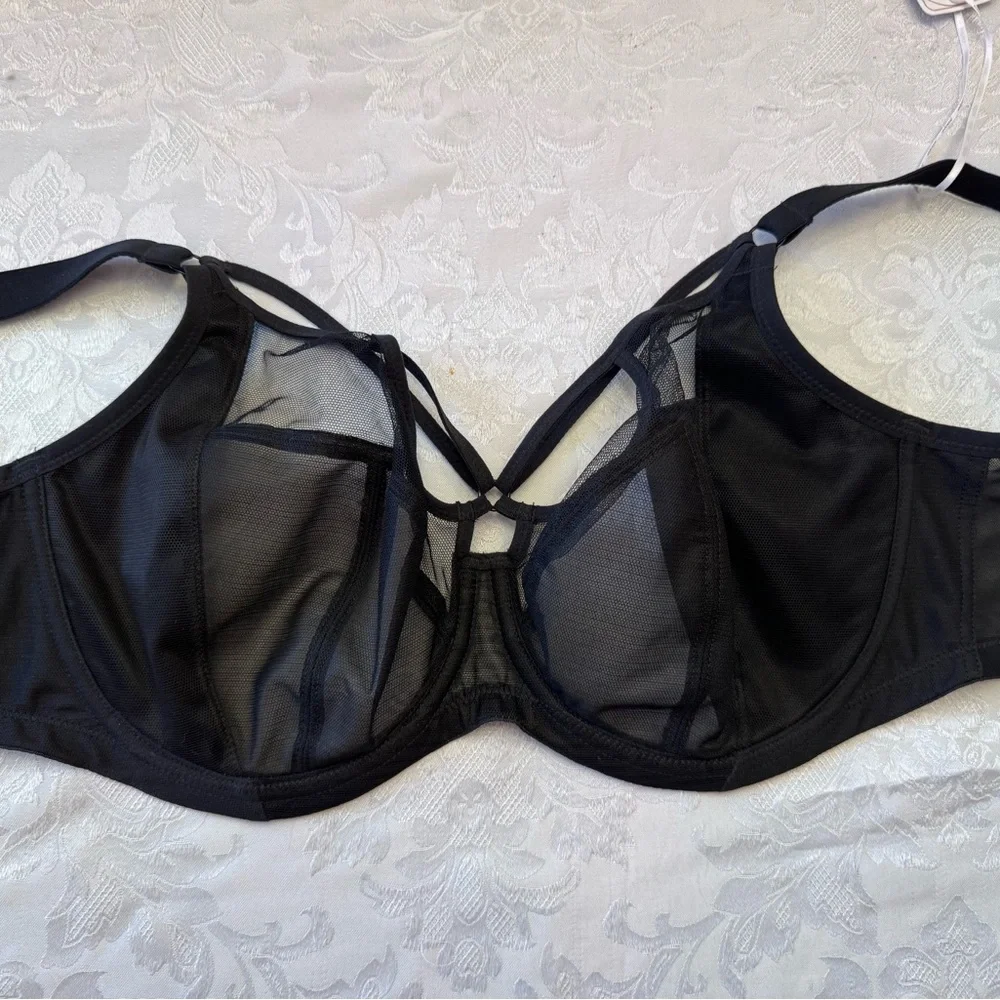 Elomi Sachi Plunge Bra Underwire Unlined‎ USA 38DDD Strappy Sheer Black New